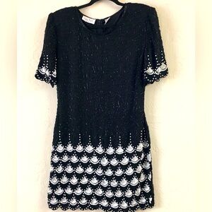 Vintage Laurence Kazar Silk Beaded Short Sleeve Dress XL Black Art Deco Evening